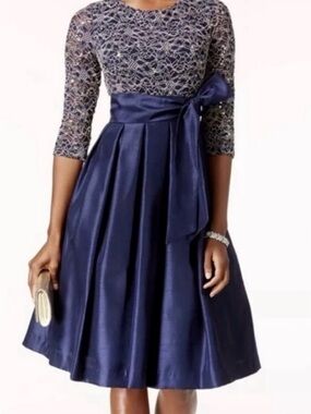 Jessica Howard Navy Sequin Lace Top Fit-and-Flare Dress with Sash Size 12